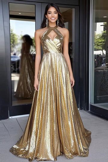 Robe longue de bal trapèze à col licou métallisé doré scintillant